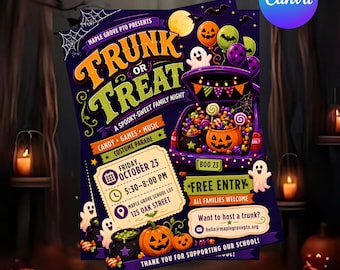Folleto de Halloween para eventos en la iglesia, folleto para fiestas de Halloween en la escuela infantil, evento de truco o trato, plantilla editable de Canva, texto personalizable