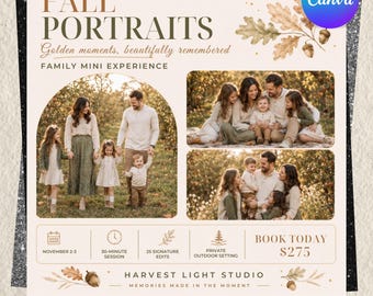 Plantilla para minisesión de otoño, folleto de fotografía de otoño, marketing para fotógrafos, sesión de fotos de otoño, plantilla editable de Canva, texto para personalizar