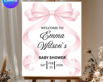Pink Bow Baby Shower Welcome Sign, Coquette Girl Shower Poster, Elegant Watercolor Bow Decor, Canva Template, DIY text, instant download
