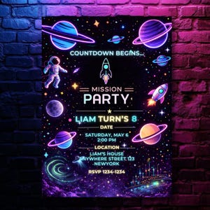 Neon Space Birthday Invitation Template, Editable Canva Galaxy Party Invite, DIY text, instant download