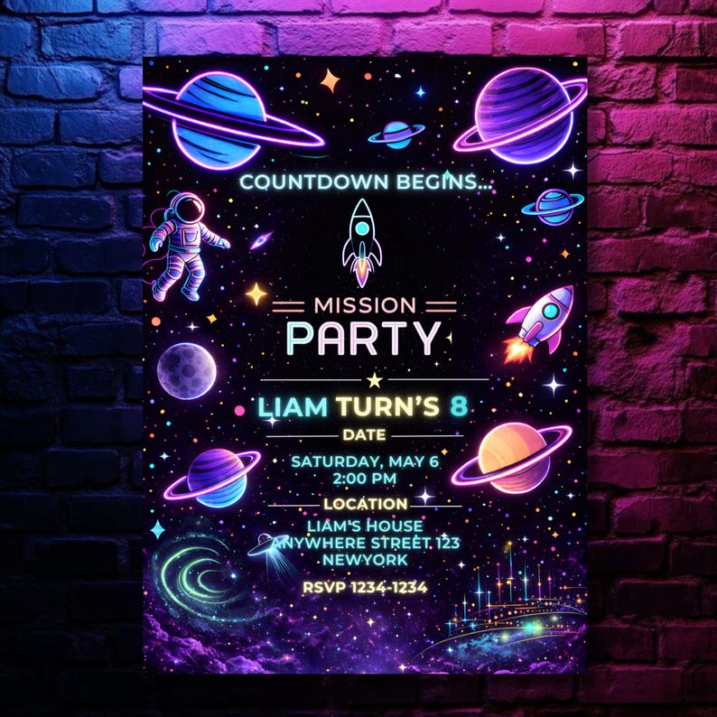 Neon Space Birthday Invitation Template, Editable Canva Galaxy Party Invite, DIY text, instant download