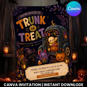 May include: A Trunk or Treat invitation card featuring a dark background with colourful text, a mummy in a blue vehicle, a black cat in a witch hat, a purple bat, and pumpkins. The text includes event details for Sunday, October 16, 5:30-8:00 PM.