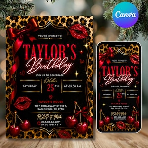 Può includere: Un invito di compleanno con sfondo nero e bordo con stampa leopardata. L'invito presenta il testo "TAYLOR'S Birthday" in corsivo, insieme ai dettagli dell'evento, labbra rosse, ciliegie e un fiocco rosso. Uno smartphone mostra lo stesso design.