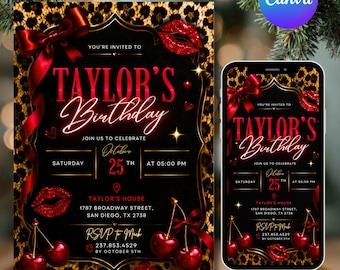 Invitación de cumpleaños con estampado de guepardo y cerezas, estampado de leopardo rojo y rosa neón, ideal para una noche de chicas glamurosa, plantilla editable de Canva, texto personalizable, descarga instantánea.