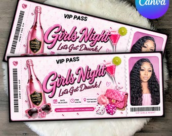 Plantilla editable de pase para noche de chicas, entrada personalizada para fiesta, invitación para noche de chicas, descarga digital editable de Canva, invitación para móvil