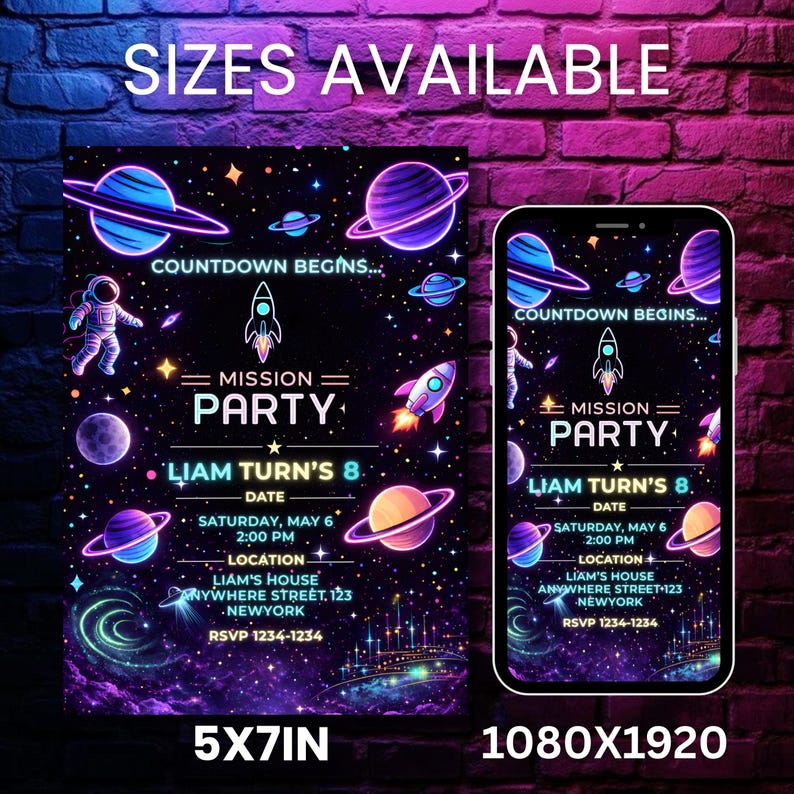 Neon Space Birthday Invitation Template, Editable Canva Galaxy Party Invite, DIY text, instant download