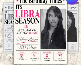 Plantilla de folleto de periódico de cumpleaños Libra, itinerario de cumpleaños personalizado, invitación de cumpleaños editable en Canva, descarga digital.
