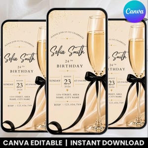 May include: A digital birthday invitation template featuring a champagne flute with a black ribbon, set against a cream-colored background with gold speckles. The text reads: Please join us to celebrate Sofia Smith 24th Birthday, August 23, 2026.
