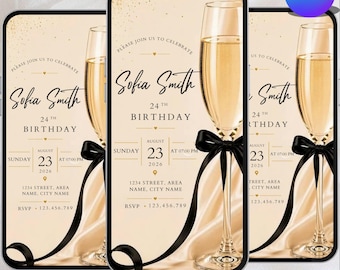 Invitación de cumpleaños de lujo con cóctel, invitación animada de cumpleaños con champán, invitación elegante para fiestas, plantilla editable de Canva, descarga digital.
