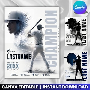 Könnte beinhalten: Baseball-Design mit einem Baseballspieler in Aktion und dem Wort „CHAMPION“. Enthält Platz für Namen, Position und Team. Der Text „CANVA EDITABLE | INSTANT DOWNLOAD“ befindet sich unten.