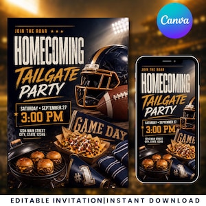 May include: A digital flyer and mobile phone display for a Homecoming Tailgate Party. The design features a football helmet, a football, a tray of nachos, a grill with burgers, and a number one foam finger. Text includes Join The Roar, Homecoming Tailgate Party, Saturday September 27, 3:00 PM, 1234 Main Street, and Game Day.