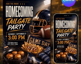 Homecoming Tailgate Party Invitation, Football Game Day Invite, Homecoming Party, Editable Canva Template, DIY Text, Instant Download