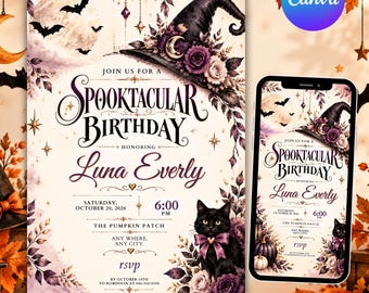 Invitación de cumpleaños espeluznante, invitación para fiesta de cumpleaños de Halloween, plantilla editable de Canva, fiesta de calabazas con sombrero de bruja, descarga digital
