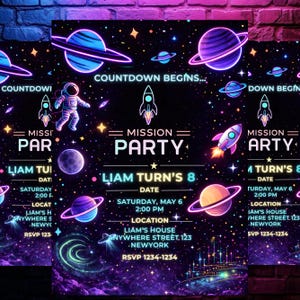 Neon Space Birthday Invitation Template, Editable Canva Galaxy Party Invite, DIY text, instant download