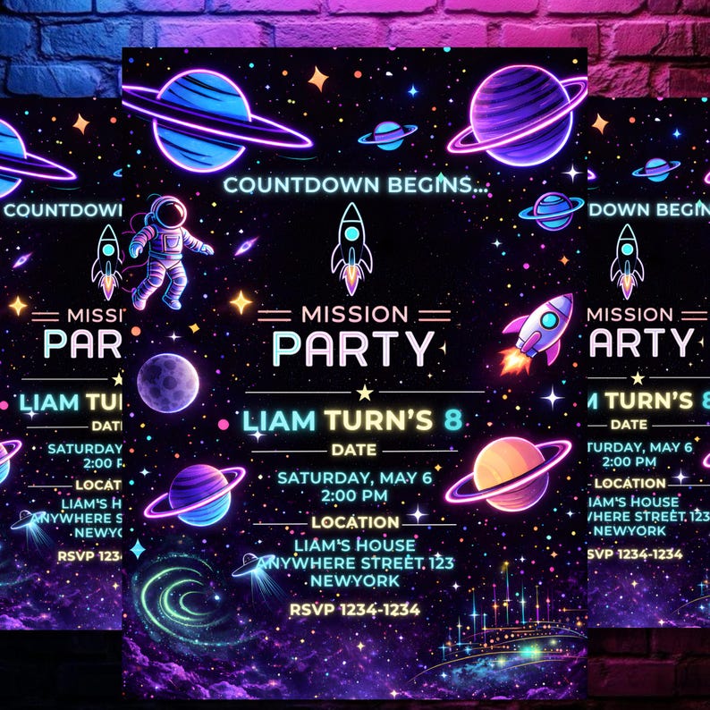 Neon Space Birthday Invitation Template, Editable Canva Galaxy Party Invite, DIY text, instant download