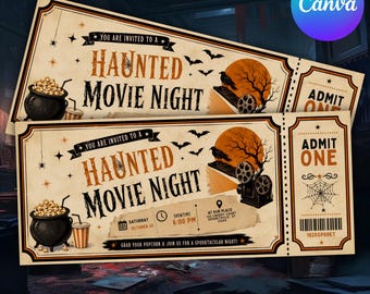 Invitación para noche de cine de Halloween, invitación para fiesta de cine espeluznante, plantilla de entrada de Halloween, plantilla editable de Canva, fiesta de Halloween, texto para manualidades
