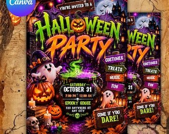 Plantilla de invitación para fiesta de Halloween, invitación para fiesta espeluznante, celebración de Halloween para niños, plantilla editable de Canva