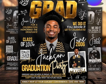 Plantilla de Canva para invitación de graduación de la promoción de 2026, folleto editable para fiesta de graduación estilo revista en negro y dorado, texto personalizable, descarga instantánea.