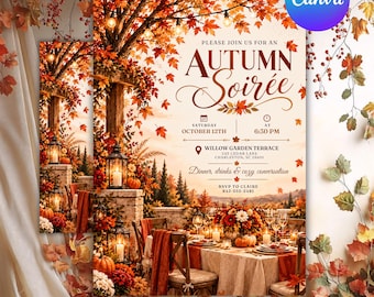 Invitación a fiesta de Acción de Gracias, invitación a cena de Acción de Gracias con amigos, plantilla editable de Canva para fiesta de otoño, invitación a cena de Acción de Gracias