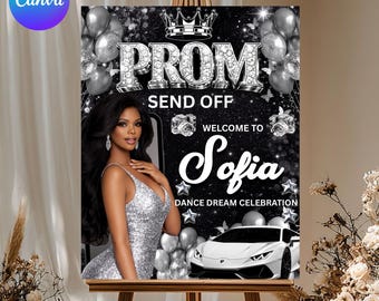 Letrero de bienvenida negro y plateado para el baile de graduación, póster de entrada para la despedida del baile, letrero elegante para la fiesta de graduación, cartel de bienvenida imprimible, texto personalizable, descarga instantánea