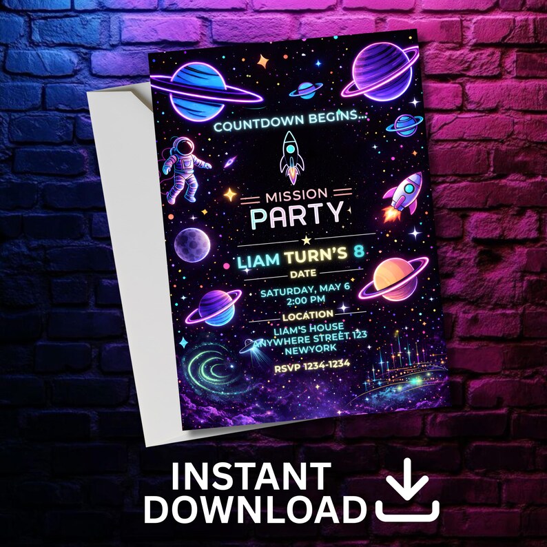 Neon Space Birthday Invitation Template, Editable Canva Galaxy Party Invite, DIY text, instant download