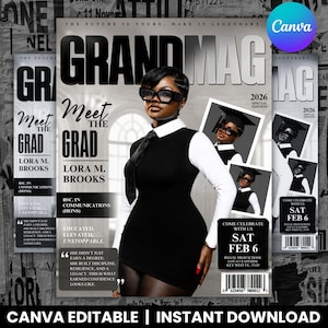 May include: A magazine cover featuring a woman in a black dress and glasses. The magazine is titled "GRAND MAG" with the text "Meet the Grad" and the name "Lora M. Brooks." Additional text includes "2026 Special Edition" and "Come Celebrate with Us Sat Feb 6."