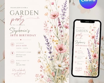 Wildflower Birthday Invitation, Floral Garden Party Invite, Wildflower Birthday Party, Editable Canva Template, DIY Text, Instant Download