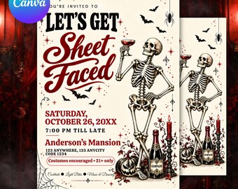 Invitación de Halloween "Let's Get Sheet Faced", Fiesta de Halloween para adultos, Plantilla de Canva para cóctel de esqueletos, Descarga digital