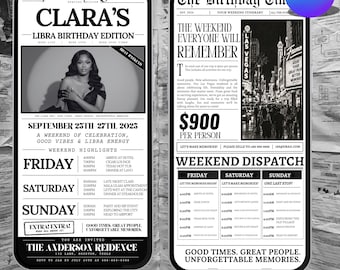 Invitación de cumpleaños de Libra en formato periódico, invitación de cumpleaños de Libra editable, itinerario de viaje para chicas Libra, plantilla de cumpleaños de Canva