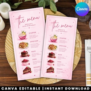 Może przedstawiać: Dwie identyczne prostokątne różowe karty menu na 30. urodziny Megan. Każda karta zawiera tekst 'the menu', 'Megan's 30th birthday' oraz sekcje na przystawkę, danie główne, dodatki i deser, uzupełnione akwarelowymi ilustracjami potraw.