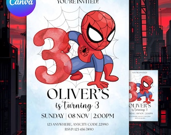 Invitación de cumpleaños de Spidey, invitación para fiesta de cumpleaños de superhéroes, invitación para fiesta de Miles Morales, plantilla editable de Canva