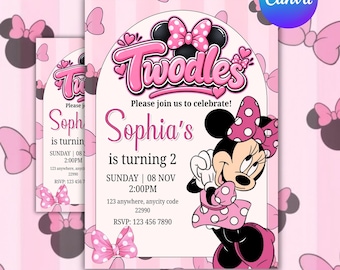 Invitación de cumpleaños para niños de dos años, plantilla editable de Minnie Mouse para el segundo cumpleaños en Canva, invitación para fiesta de cumpleaños de estilo bohemio para niños de dos años.