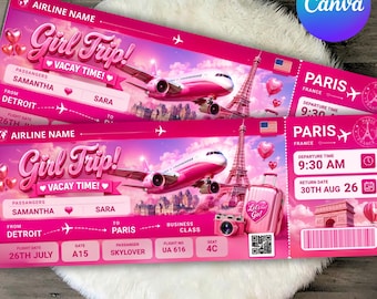 Plantilla editable de tarjeta de embarque / Invitación imprimible con forma de billete de avión / Tarjeta de embarque para viaje de chicas / Invitación de viaje en Canva / Descarga digital