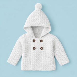 May include: A white baby's hooded jacket with a textured knit pattern. The jacket features a double-breasted design with four brown buttons and two front pockets. A white pom-pom adorns the top of the hood. The background is a light blue.