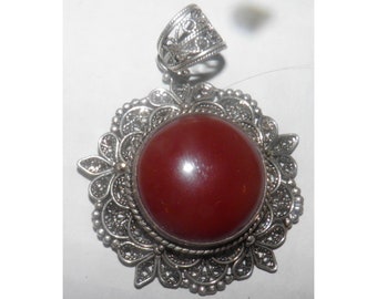 Large Intricate Ornate Sterling Silver 925 DGS Turkey Signed Handmade Filigree Pendant Dark Red Aqeeq Cabochan Carneleon Turkish Ottoman