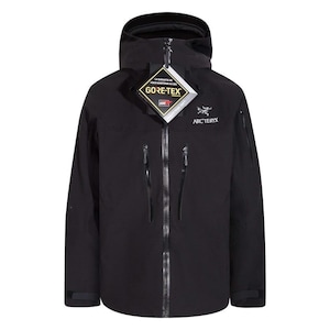May include: Black hooded jacket with a full-length zip, two chest pockets, and the "GORE-TEX" and "ARCTERYX" logos. The jacket has a high collar and adjustable cuffs. A tag with the "GORE-TEX" logo is attached to the zip.