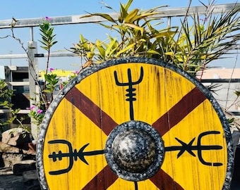 Yellow Viking Wooden Shield – Norse Rune Round Shield, Handmade Battle Ready LARP Cosplay Shield, Medieval Warrior Wall Decor