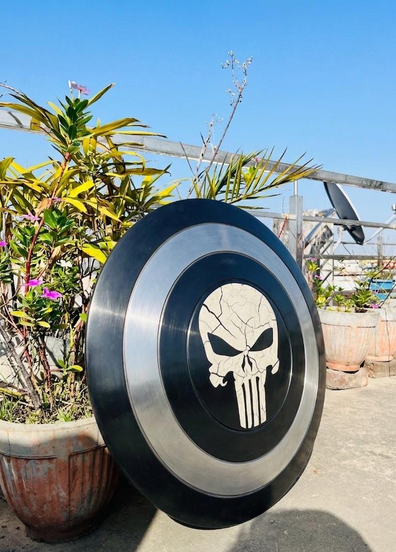 May include: A circular shield in black and silver, emblazoned with a white skull motif. The shield has a silver band around the central black area. The skull design has a cracked effect. The shield is propped up near a plant pot.