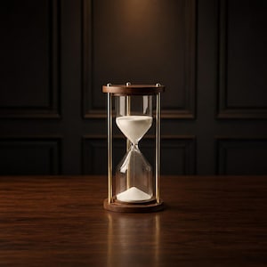 Puede incluir: Un reloj de arena con un bulbo de vidrio transparente lleno de arena blanca, sostenido entre dos bases circulares de madera oscura. Cuatro varillas metálicas delgadas de color latón conectan los discos de madera, creando un marco vertical.
