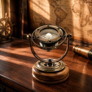 May include: A nautical compass mounted on a gimbal frame with a brass finish, featuring a circular glass face and a central white pivot point. The compass is secured to a polished, rounded wooden base, creating a stable, freestanding instrument.