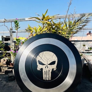 May include: A black and silver shield with a white skull emblem. The shield is circular, with black and silver concentric rings. The skull has a cracked texture. The shield is displayed outdoors against a blue sky.
