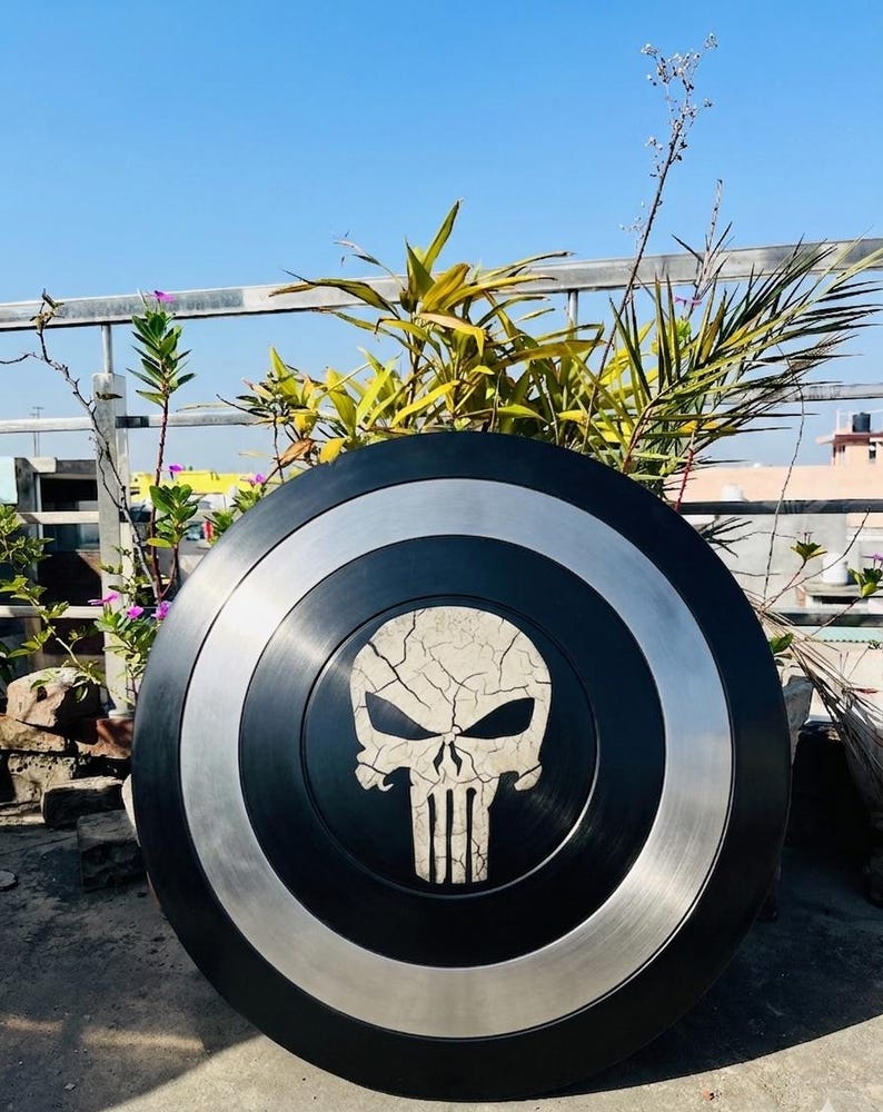 May include: A black and silver shield with a white skull emblem. The shield is circular, with black and silver concentric rings. The skull has a cracked texture. The shield is displayed outdoors against a blue sky.