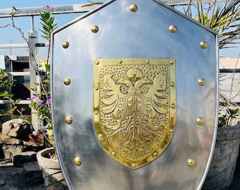 Handcrafted Steel Knight Shield, Brass Eagle Crest Heater, Medieval Wall Decor, Cosplay Prop