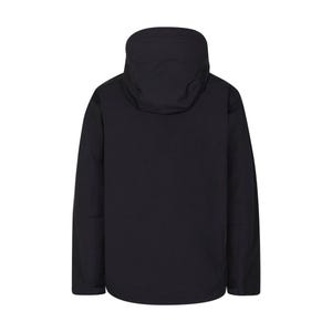 May include: Black hooded jacket with a high collar. The jacket has long sleeves and a full-length zipper. The hood is designed to provide protection from the elements. The jacket is made of a smooth, matte material.