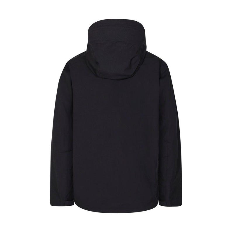 May include: Black hooded jacket with a high collar. The jacket has long sleeves and a full-length zipper. The hood is designed to provide protection from the elements. The jacket is made of a smooth, matte material.