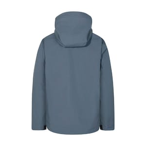 May include: A solid blue-grey hooded jacket. The jacket has a high collar and a hood. The back view shows the full length of the jacket, with a simple, clean design. The jacket is made of a smooth, matte material.