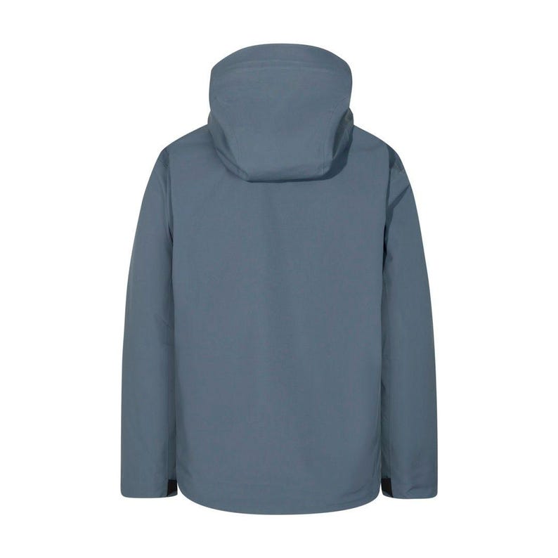 May include: A solid blue-grey hooded jacket. The jacket has a high collar and a hood. The back view shows the full length of the jacket, with a simple, clean design. The jacket is made of a smooth, matte material.