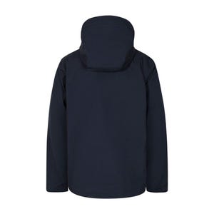 May include: A navy blue hooded jacket with a full-length zipper. The jacket has a high collar and a hood that can be adjusted. The sleeves are long and end at the wrists. The jacket is made of a smooth, water-resistant material.