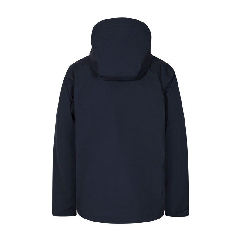 May include: A navy blue hooded jacket with a full-length zipper. The jacket has a high collar and a hood that can be adjusted. The sleeves are long and end at the wrists. The jacket is made of a smooth, water-resistant material.