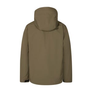 May include: Back view of a khaki-colored hooded jacket. The jacket has a high collar and a hood. The sleeves are long, and the jacket appears to be made of a durable, weather-resistant material. The jacket is designed for outdoor activities.